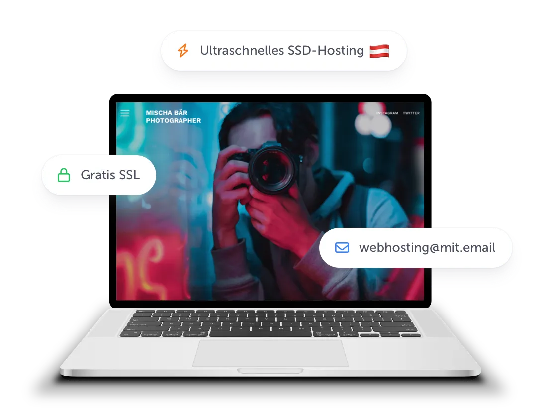 Illustration für Webhosting, zeigt ein Laptop mit einer Fotografen-Website abgebildet. Darüber drei Textboxen mit den Worten Gratis SSL, ultraschnelles SSD-Hosting und eine Muster E-Mail-Adresse.
