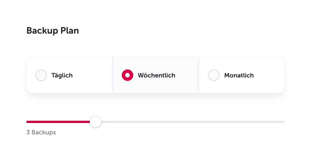 Darstellung verschiedener Backup-Pläne im virtual Datacenter. Auswahlbox mit Optionen "Täglich", "Wöchentlich", "Monatlich". Die Option "Wöchentlich" ist ausgewählt. Darunter ein Schieberegler für die Anzahl Backups, eingestellt auf 3 Backups.