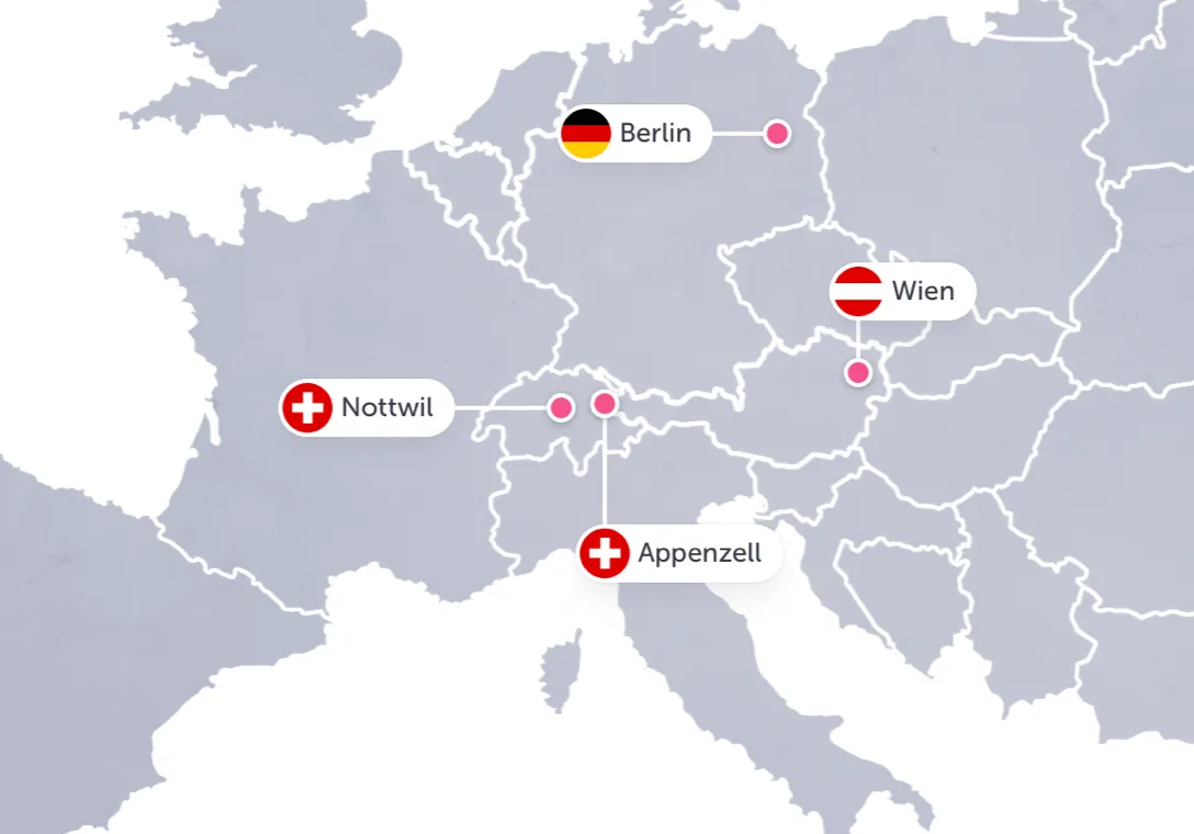 Grafische Darstellung von Europa mit Länderumrissen. Darauf sind die hosttech-Datacenter mit roten Punkten markiert und beschriftet mit den Ortschaften Berlin, Wien, Nottwil und Appenzell.