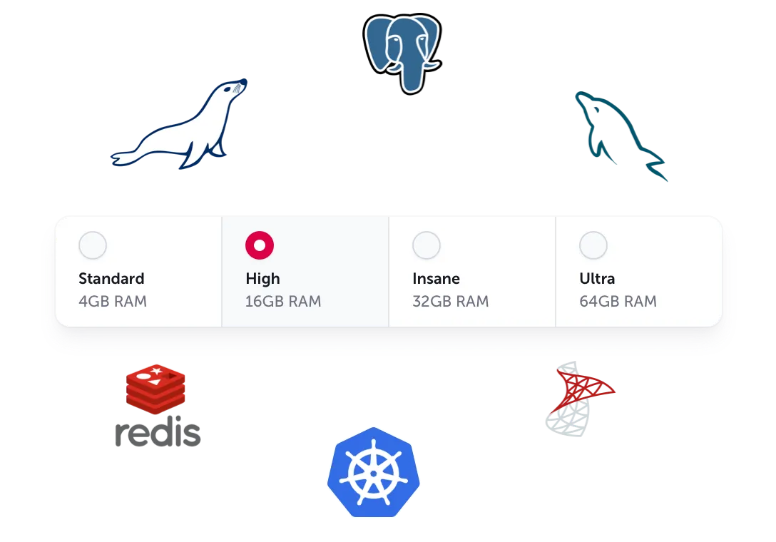 Arrangement mit den Logos von MariaDB, PostgreSQL, MySQL, Redis, Kubernetes und SQL Server und einer Darstellung der verschiedenen In-Memory-Datenspeicher-Möglichkeiten im virtual Datacenter von hosttech.