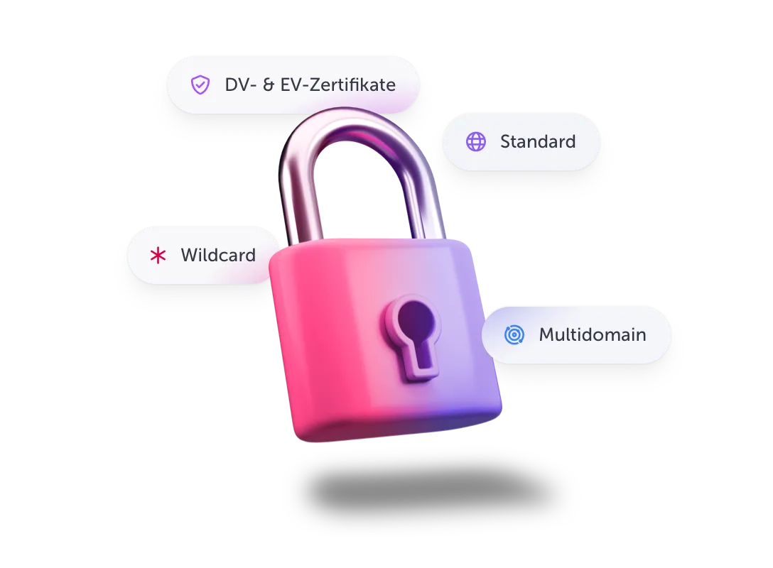 Illustration eines geschlossenen Vorhängeschlosses als Symbolbild für die Sicherheit von SSL-Zertifikaten. Rundum das Schloss sind vier weisse Ellipsen angeordnet mit folgenden Textinhalten: DV- & EV-Zertifikate, Standard, Wildcard, Multidomain.