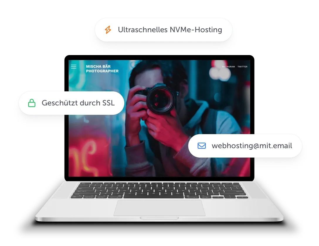 Illustration für Webhosting, zeigt ein Laptop mit einer Fotografen-Website abgebildet. Darüber drei Textboxen mit den Worten Geschützt durch SSL, ultraschnelles NVMe-Hosting und eine Muster-E-Mail-Adresse.