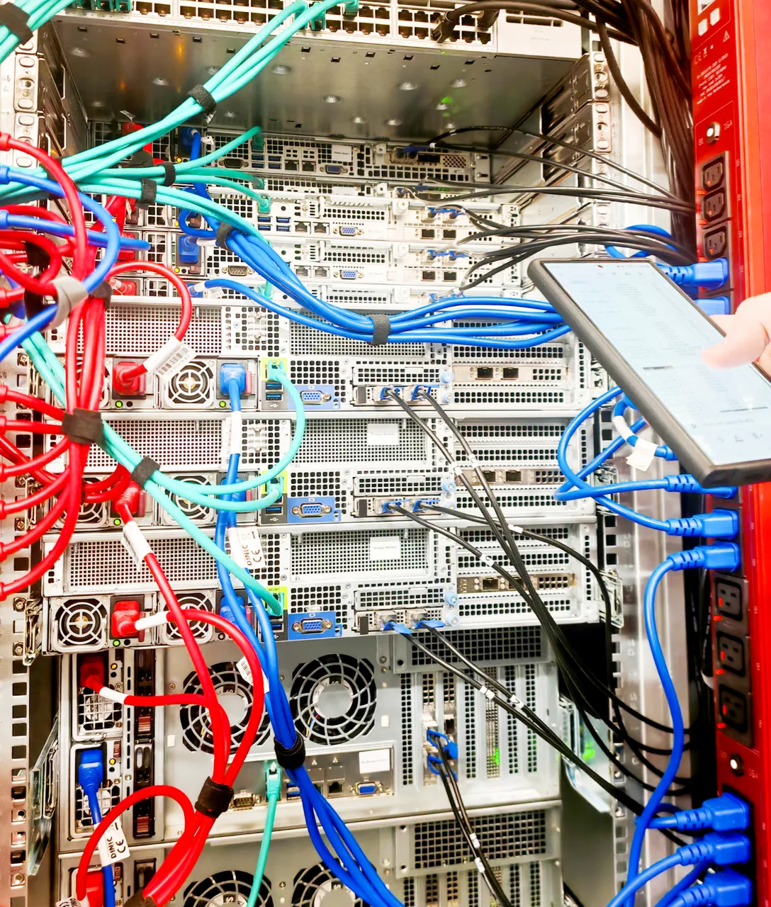 Aufnahme der Rückseite eines Server-Racks. Es sind diverse Kabel und Lüftungen zu sehen. Rechts im Bild eine Hand, die ein Smartphone hält.