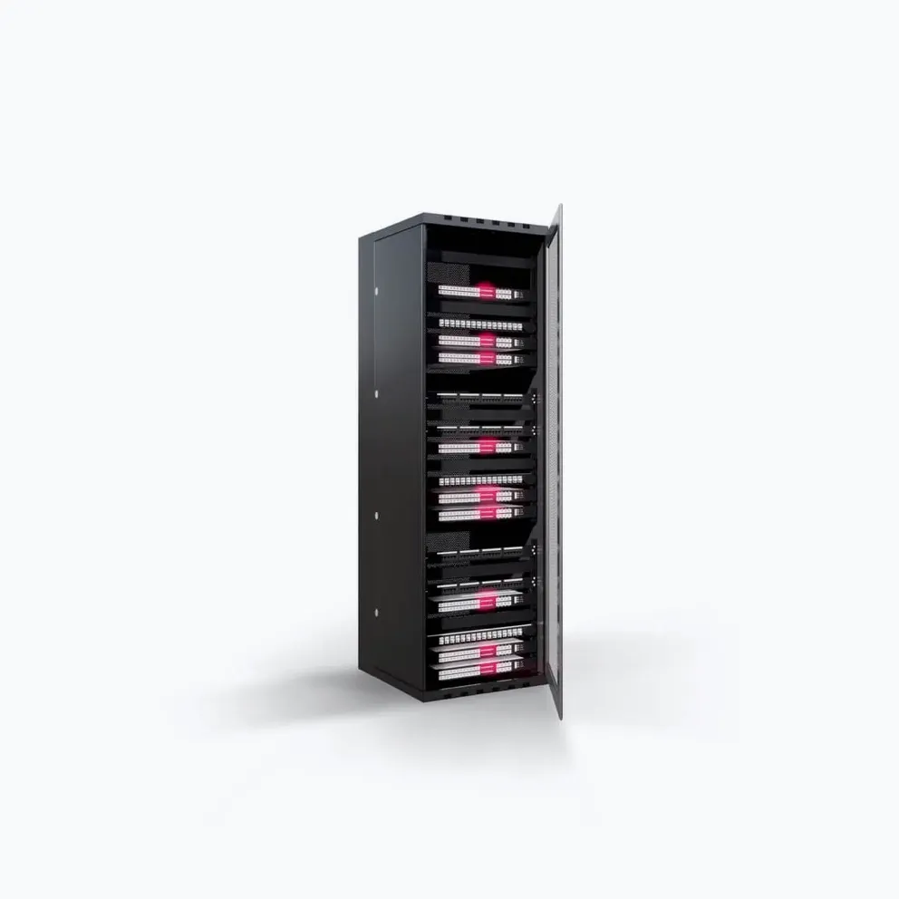 Visualisierung eines Full Racks im Colocation-Angebot von hosttech. Server-Rack gefüllt mit Servern und mit einer leicht geöffneten Gittertüre, welche das Rack komplett verschließen kann.