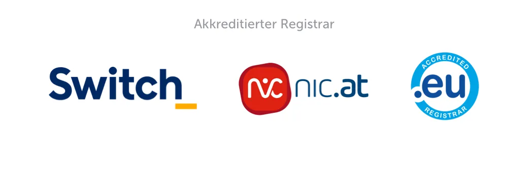 Logos der Registries Switch, nic.at und EURid. hosttech ist von allen drei als offizieller Regisrar akkreditiert.