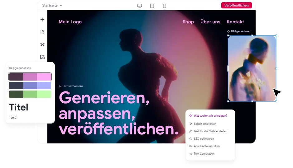 Website Creator Editor mit Headline 'Generieren, anpassen, veröffentlichen' auf einem künstlerisch anmutenden Website-Entwurf. Editor- und KI-Funktionen für Design, Bildgenerierung, SEO-Optimierung und Textbearbeitung.