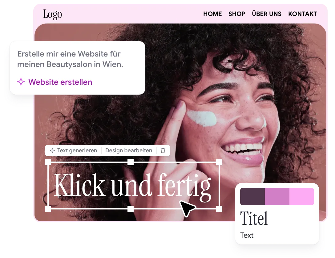 Website Creator Oberfläche: KI-Prompt für einen Beautysalon-Webauftritt neben der generierten Website mit Bearbeitungsfunktionen für Text und Design.